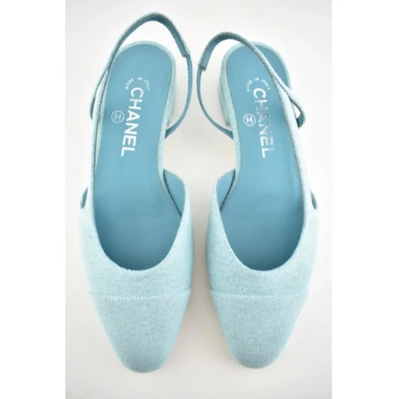 Chanel 21S Denim Blue Neon Mademoiselle Coco Sling Slingback Flat Sandal 37.5 - Picture 7 of 12